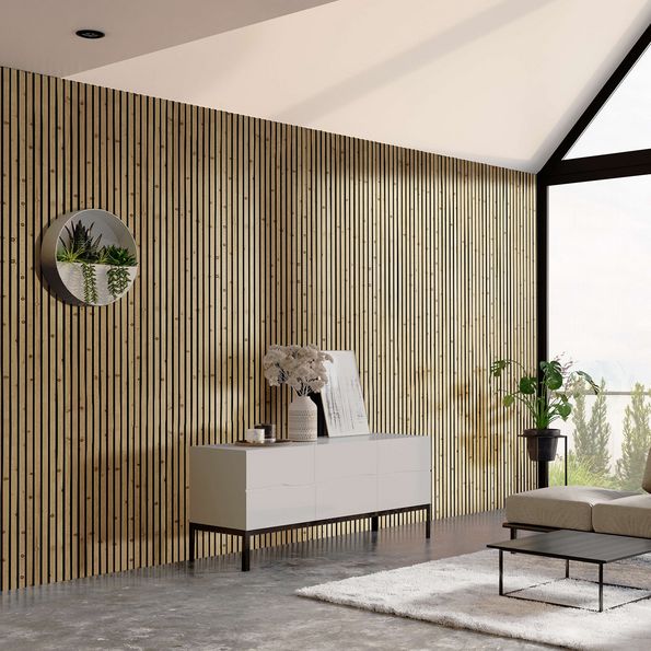 Scandinavian design with wooden slat wall Swiss Pine