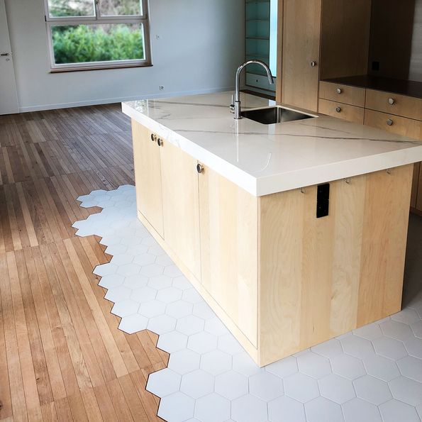 Kitchen remodeling, oak parquet, kitchen in birch veneer