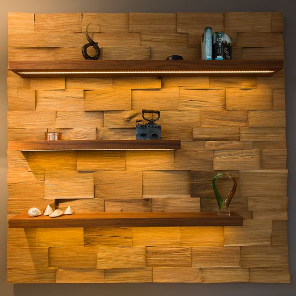 Shelving design with split wood as wall panels