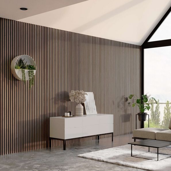 Wall cladding with acoustically effective wooden panels