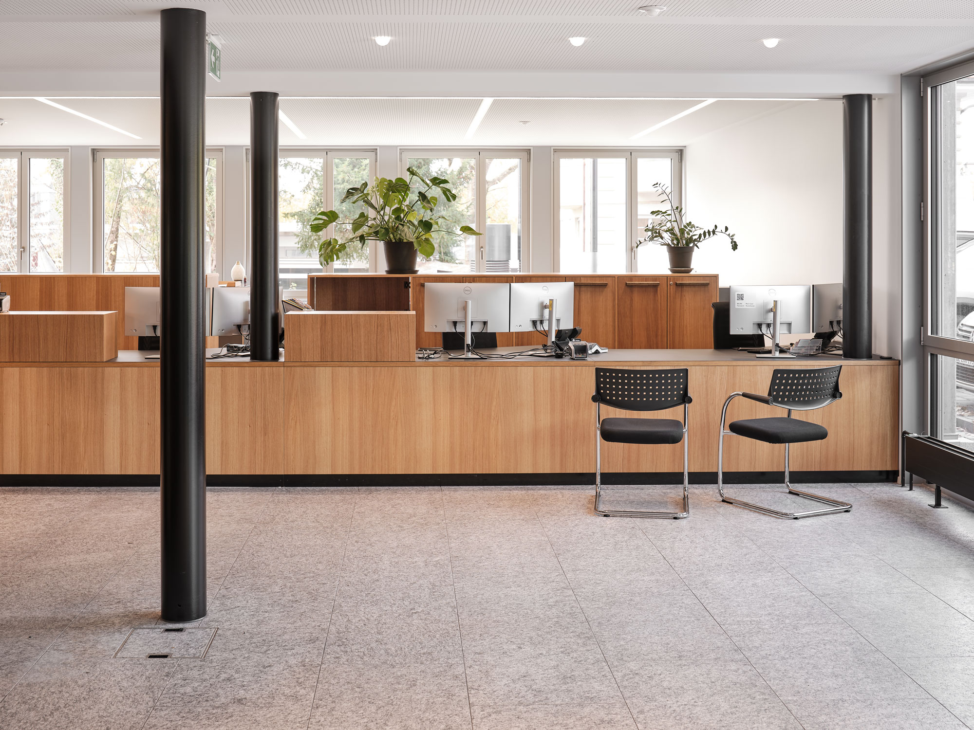 Solid oak veneer, Muri Community Centre Reception area with high-quality oak veneer from the ‘Furnier Express Fixmasse’ range by Roser AG