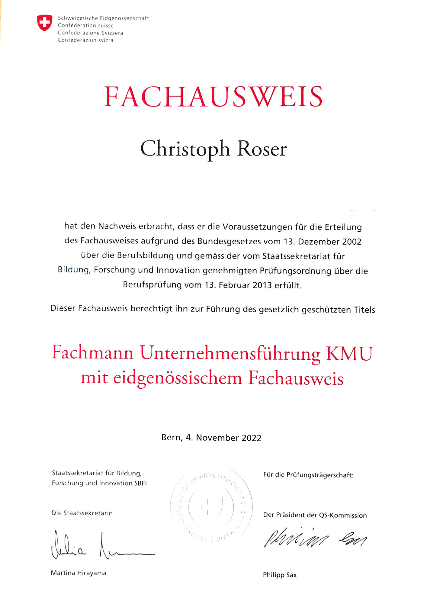 Diplom "Fachmann Unternehmensführung KMU