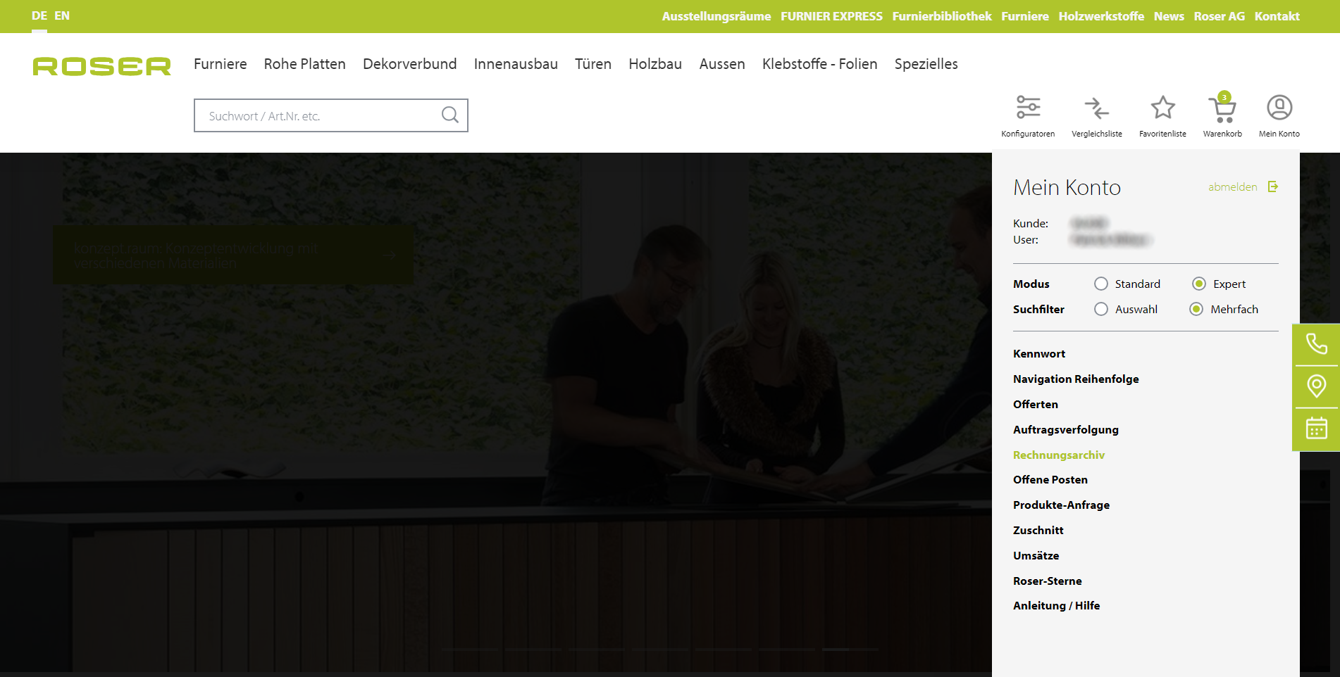 Suchfunktion im Rechnungsarchiv des Webshops