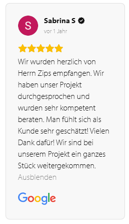 5 Sterne Google Bewertung Roser AG Super Projektberatung durch Hr. Zips - 5 Sterne Bewertung Sabrina S.