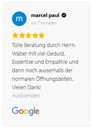 5 Sterne Google Bewertung Roser AG Super Beratung durch Herrn Waber - 5 Sterne Bewertung Marcel Paul